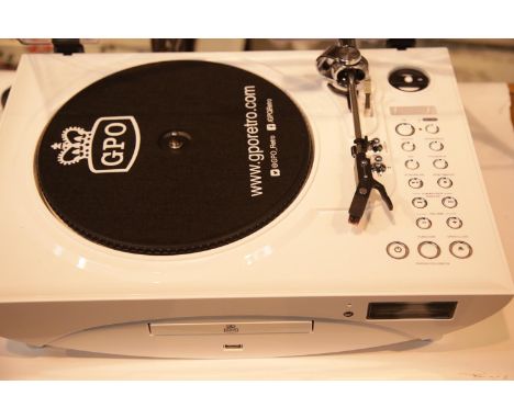 White GPO Jive music centre - 3 speed turntable; CD/MP3/USB player, FM radio. P&amp;P Group 3 (£25+VAT for the first lot and 