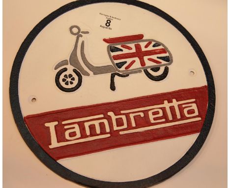 Cast iron Lambretta scooter circular sign, D: 28 cm. P&amp;P Group 2 (£18+VAT for the first lot and £2+VAT for subsequent lot