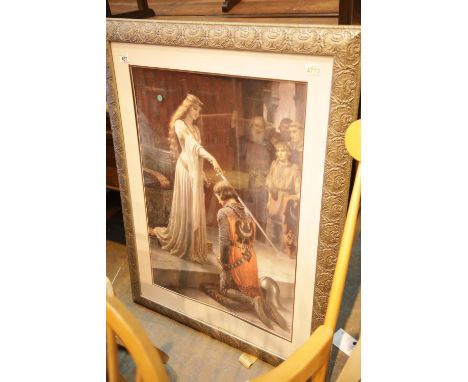 Large gilt framed and glazed E Blair Leighton 1901 print of a knighting ceremony. This lot is not available for in-house P&am