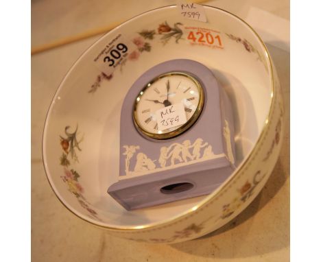 Wedgwood blue jasperware mantel clock and 8" Wedgwood Mirabelle fruit bowl. P&amp;P Group 3 (£25+VAT for the first lot and £5