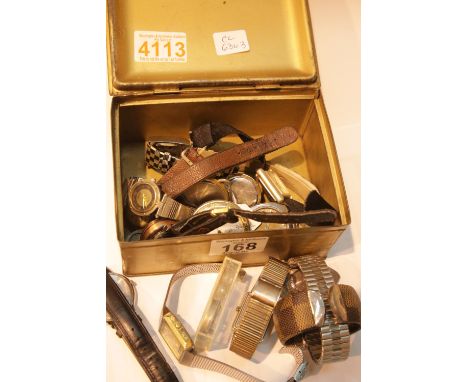 Vintage tin with wristwatch and parts contents. P&amp;P Group 1 (£14+VAT for the first lot and £1+VAT for subsequent lots) 