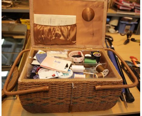 Vintage type wicker sewing box with upholstered top. This lot is not available for in-house P&amp;P 