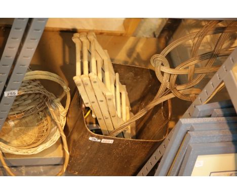 Three vintage wicker baskets, a vintage waste paper bin and a carpet beater. This lot is not available for in-house P&amp;P 