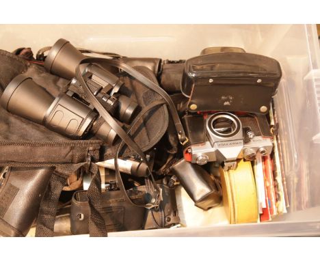 Box of vintage cameras, binoculars, cine cameras plus football sticker albums. This lot is not available for in-house P&PCond