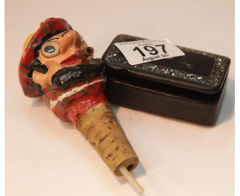Vintage ebonised snuff box with shell inlay and a vintage novelty bottle pourer. P&amp;P Group 1 (£14+VAT for the first lot a