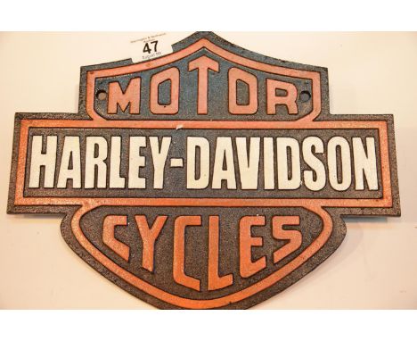 Cast iron Harley Davidson shield sign, 34 x 26 cm. P&amp;P Group 2 (£18+VAT for the first lot and £2+VAT for subsequent lots)