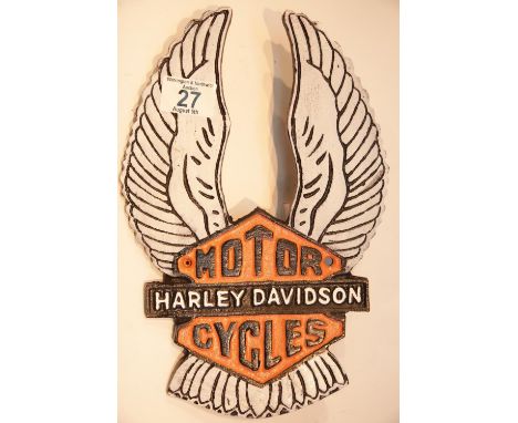 Cast iron Harley Davidson wings sign, 29 x 20 cm. P&amp;P Group 2 (£18+VAT for the first lot and £2+VAT for subsequent lots) 