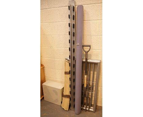 Dismantled single metal bed with slats plus a PC tower, unused roll of lino and a garden fork. This lot is not available for 
