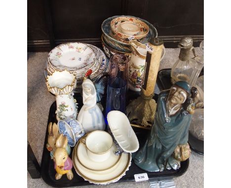 Victorian pottery punch bowls, jug, assorted plates, Caithness glass vases, Chinese figure of a Sage, pair of bunny figures a