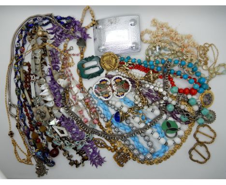 A collection of vintage costume jewellery to include, an enamelled buckle, millefiori beads and a Scottish dress buckle etc C