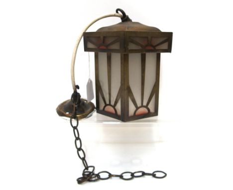 A brass and glass lantern, with Deco sunset style decoration, 18cm high, (one small glass panel lacking and one def) Conditio