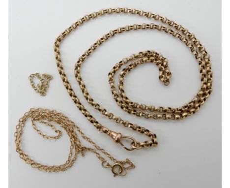 A 9ct gold belcher chain length 59cm, a 9ct vintage trace chain length 40cm and a small piece of yellow metal chain, weight c