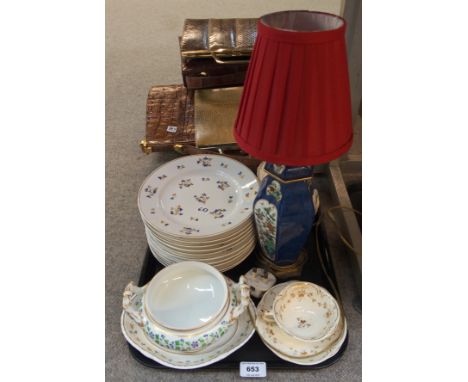 Ten 19th Century Derby plates, tureen base and stand, ceramic table lamp, cups and saucers etc Condition Report: Available up