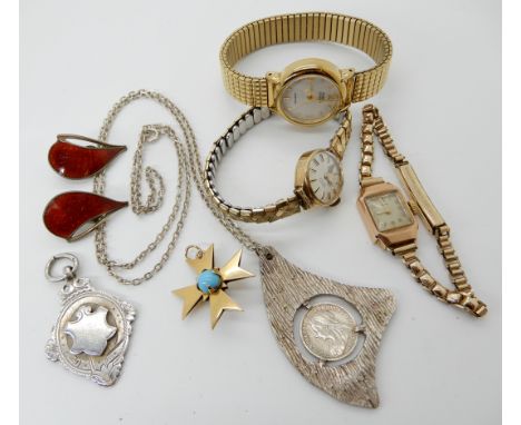 Two 9ct gold ladies vintage watch heads, an 18ct gold Maltese cross pendant set with turquoise glass, a pair of Norwegian ena