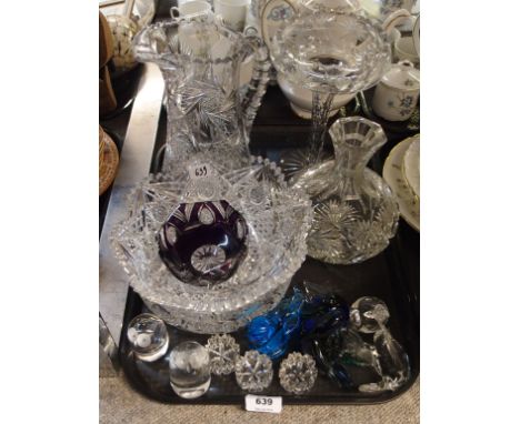 Purple cut to clear glass dish, crystal jug, bowl, two dishes, pedestal dish, decanter, glass bird figures etc Condition Repo