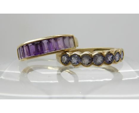 A 9ct gold amethyst linear cluster ring size N, together with a 9ct blue gem set ring size Q1/2, combined weight approx 4gms 