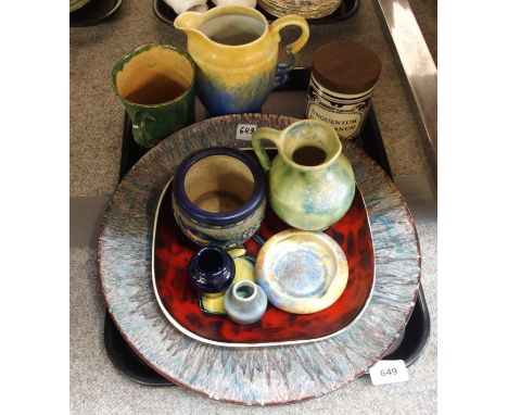 An Amphora small pot, Italian vintage dish, Harold Elvin painted enamel charger, a Wade pharmaceutical style storage jar, var