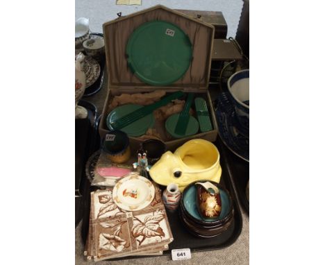 A vintage Deco style cased dressing table set, Bunnykins pin dish, three Victorian tiles, Crown Devon small vase, studio pott