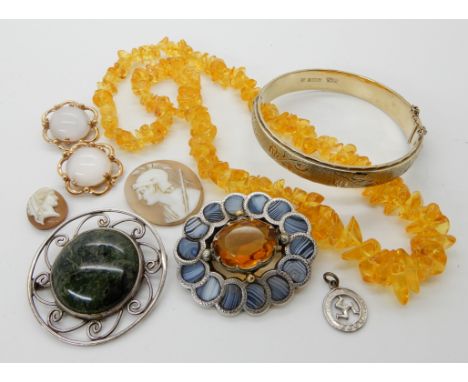 A Scottish agate inlaid brooch, a John Hart silver and hardstone set brooch, a silver bangle and other items Condition Report