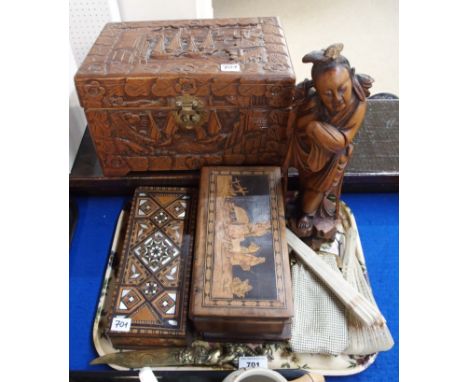 A Chinese carved hardwood figure, 35cm high (slight def), Italian Sorrento ware box, two vintage mesh evening bags, two fans,