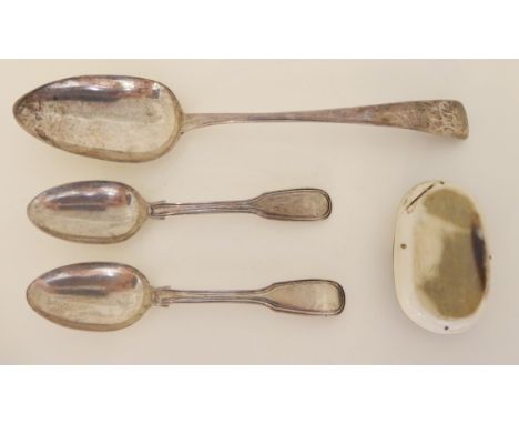 A lot comprising a silver tablespoon, London 1810, two teaspoons, Newcastle 1850 and a horn snuff box, 113gms Condition Repor