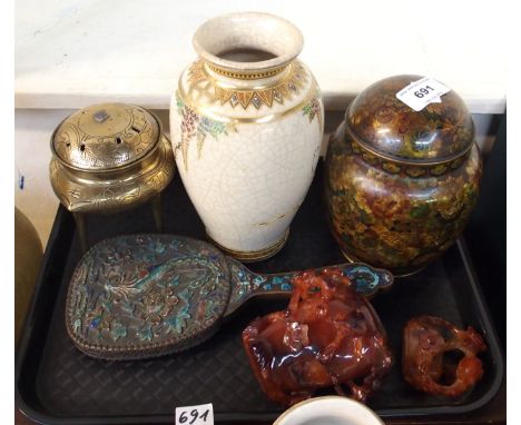 A Chinese white metal and enamel hand mirror, 25cm high, a hardstone vase and cover, 15cm high (damages), a cloisonne jar and