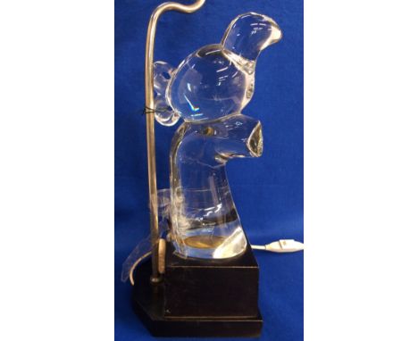 An Olle Alberius for Orrefors bird in tree glass sculpture table lamp, on wooden mount, signed, glass sculpture only 25cm hig