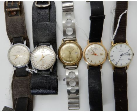 Three retro Oris wristwatches, an Allaine watch and a vintage Timex Condition Report: Oris with fine baton numerals appears t