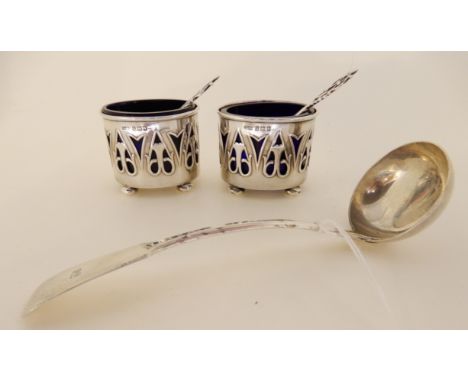 A lot comprising a silver sauce ladle, Glasgow 1840 and a pair of silver salts, Birmingham 1910, 124gms Condition Report: - L