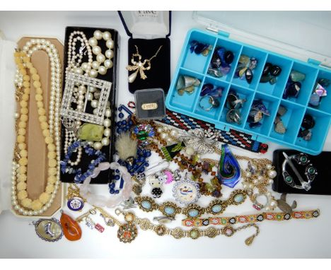 A collection of tumble polished mineral specimens, a micro-mosaic bracelet and other vintage jewellery Condition Report: Not 