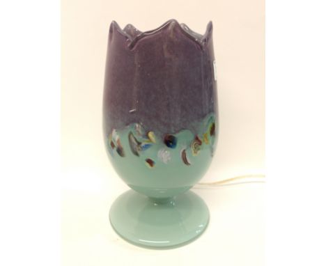 A Scottish glass tulip shaped table lamp, with multi-coloured swirls, on green and lavender ground, 26cm high Condition Repor