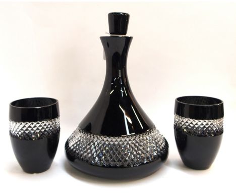 A Waterford Crystal John Rocha black cut decanter, 27.5cm high and a pair of tumblers, 10.7cm high, with boxes (3) Condition 