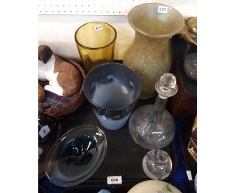 A large iridescent glass vase, with textured ground, 29.4cm high, a Strathearn glass bucket vase, 19cm high, an amber glass v