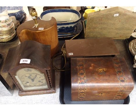 A mahogany cased mantel clock, modern ceramic table lamp, marquetry inlaid sewing box and brass stand Condition Report: Avail