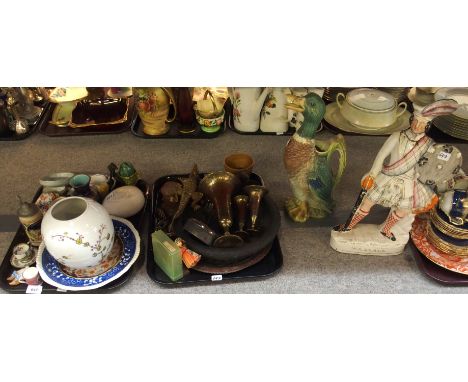 A Staffordshire figure of William Wallace (def), a mallard duck jug, miniature Victorian mug, miniature Spode cup and saucer,