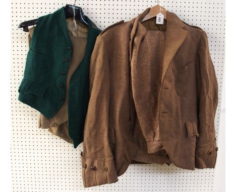 Four vintage Gent's wool and tweed jackets, green waistcoat, pair of plus fours etc Condition Report: Available upon request