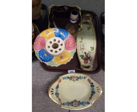 An Arthur Wood handpainted vase, two Lady artist decorated dishes, Carlton Ware dish and wooden lamp base Condition Report: A