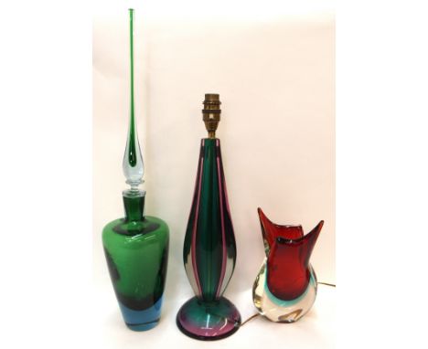 An Italian Sommerso pink and green glass table lamp, with partial paper label, 36cm high excluding fitting, a large green gla