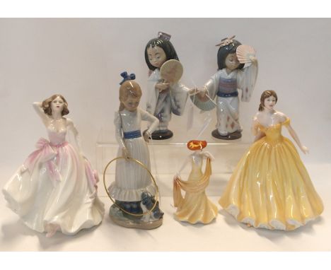 Royal Doulton figure 'Elizabeth; HN4426, Coalport figure 'Young Love', another 'April' (def to hat), two Lladro figures of yo