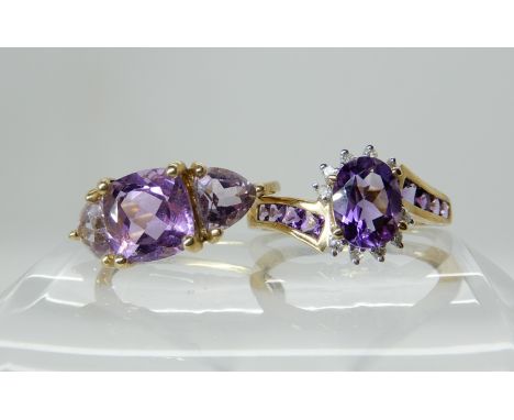 A 9ct gold amethyst and diamond ring, size Q1/2, a 9ct gold three stone amethyst ring size P1/2, combined weight 5.4gms Condi