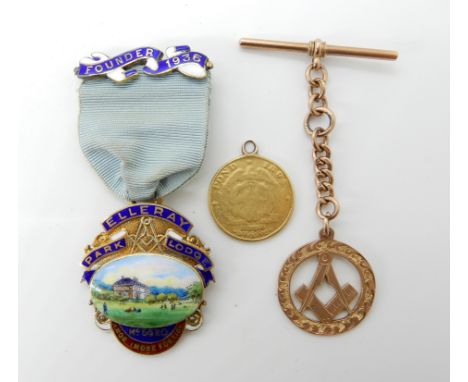 A 9ct gold Masonic short fob chain, weight 8.2gms and a very worn one pond coin weight 7.5gms, together with a silver and ena