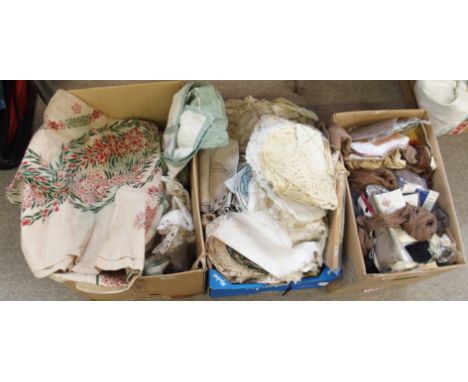 Two boxes of assorted linen and a large collection of vintage lady's hosiery Condition Report: Available upon request
