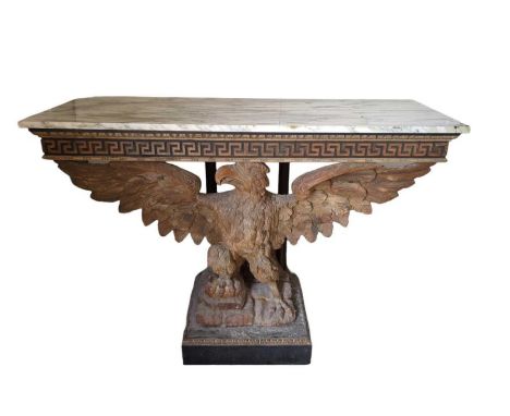 A console table having rectangular grey marble top on large carved wood eagle support and painted wood base, 93cms high 129cm
