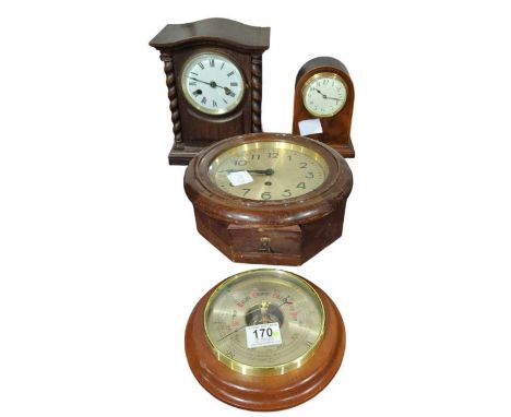 An early 20th Century mantel timepiece with French movement together with a wall clock, aneroid barometer and an oak cased ma