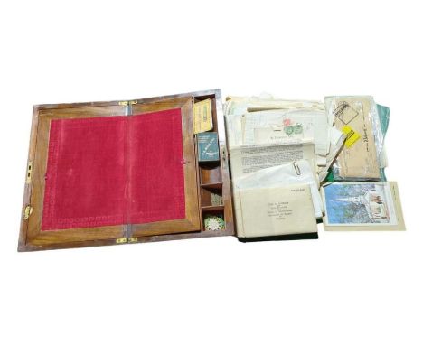 A Victorian walnut writing box containing some interesting items including rp postcard military subjects c.1911; photographs,