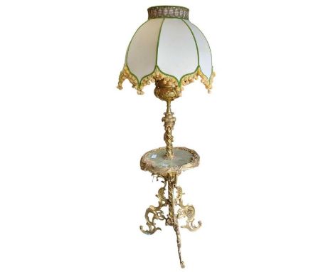 A very decorative cast gilt brass standard lamp with green marble tier above tripod support, height not including shade appro