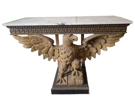 A console table having rectangular grey marble top on large carved wood eagle support and painted wood base, 93cms high, 129c