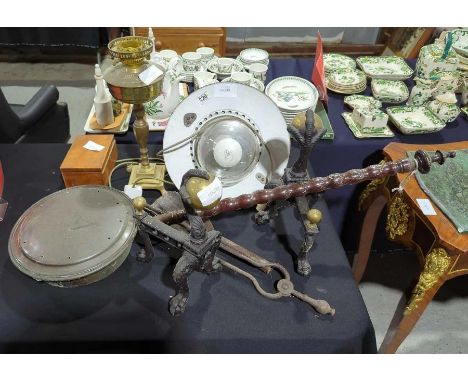 A copper and white enamel pendant light together with a pair of cast metal firedogs, warming pan, chess set in box and other 