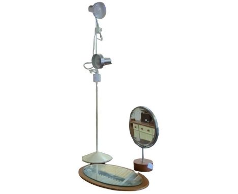 An oval teak framed wall mirror, 57cms x 36cms max together with a dressing mirror and an adjustable standard lamp (3)