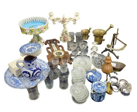 A quantity of assorted items including small balance scale, Continental porcelain comport, drinking glasses and other items